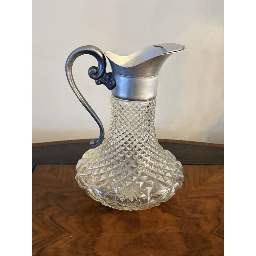 Vintage VTG Diamond Cut Glass Pitcher with Metal Handle and Spout